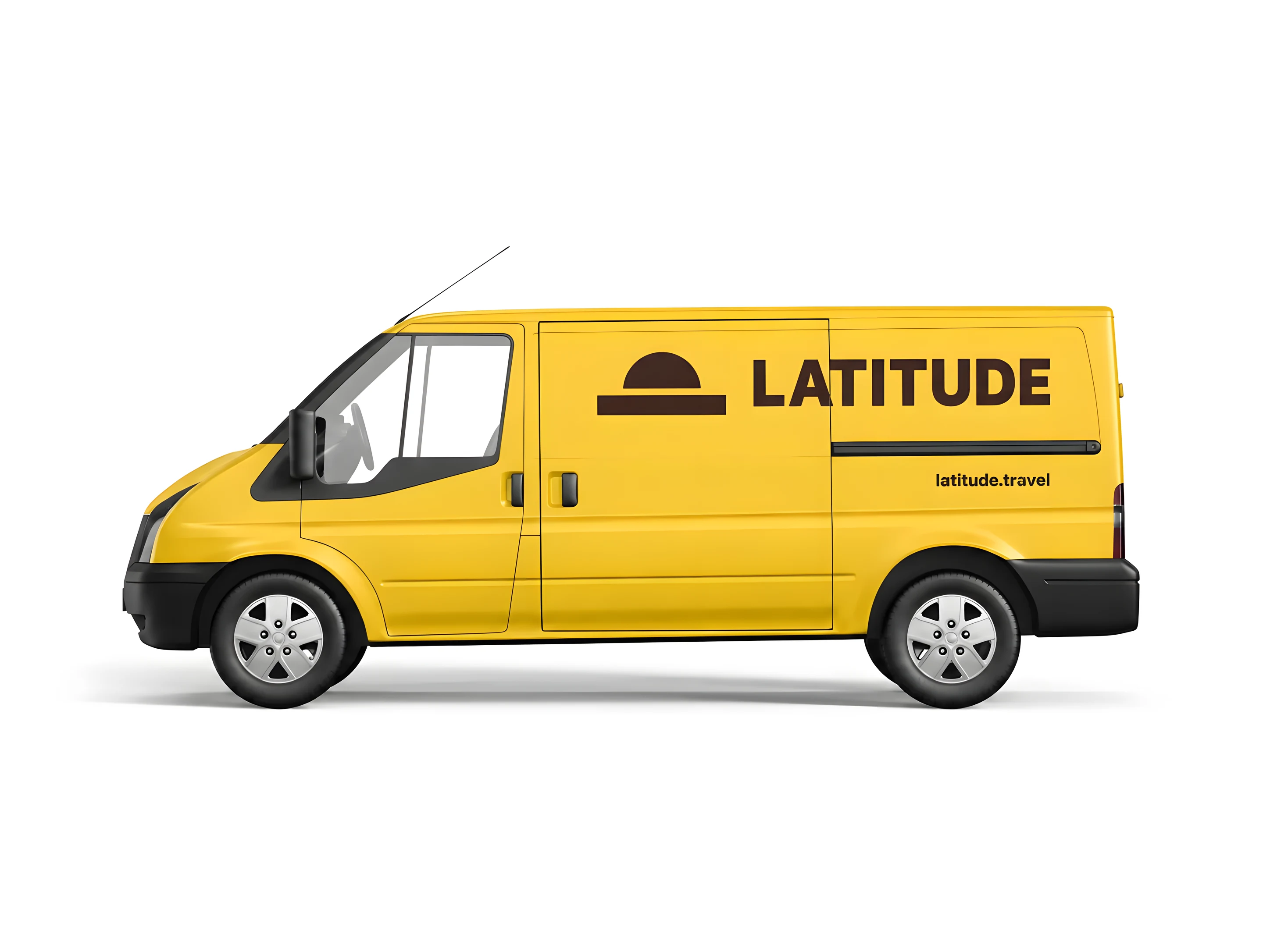 A side view of a golden yellow cargo van on white, its uninterrupted panel carrying the dark cocoa half-dome mark, the LATITUDE wordmark and a web address.