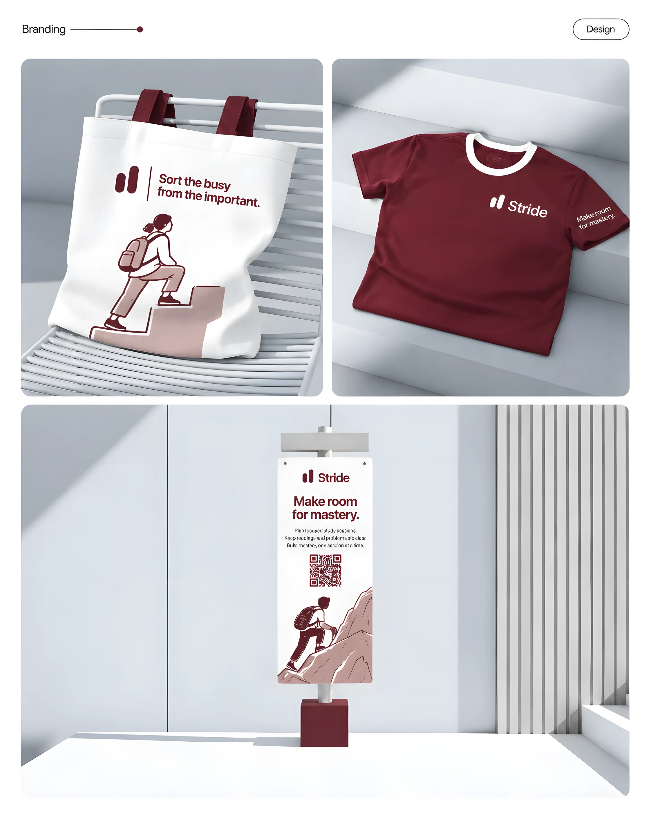 Branding applications in a white studio set: a white tote bag printed Sort the busy from the important, an oxblood ringer t-shirt carrying the Stride mark, and a hanging sign reading Make room for mastery with a QR code.