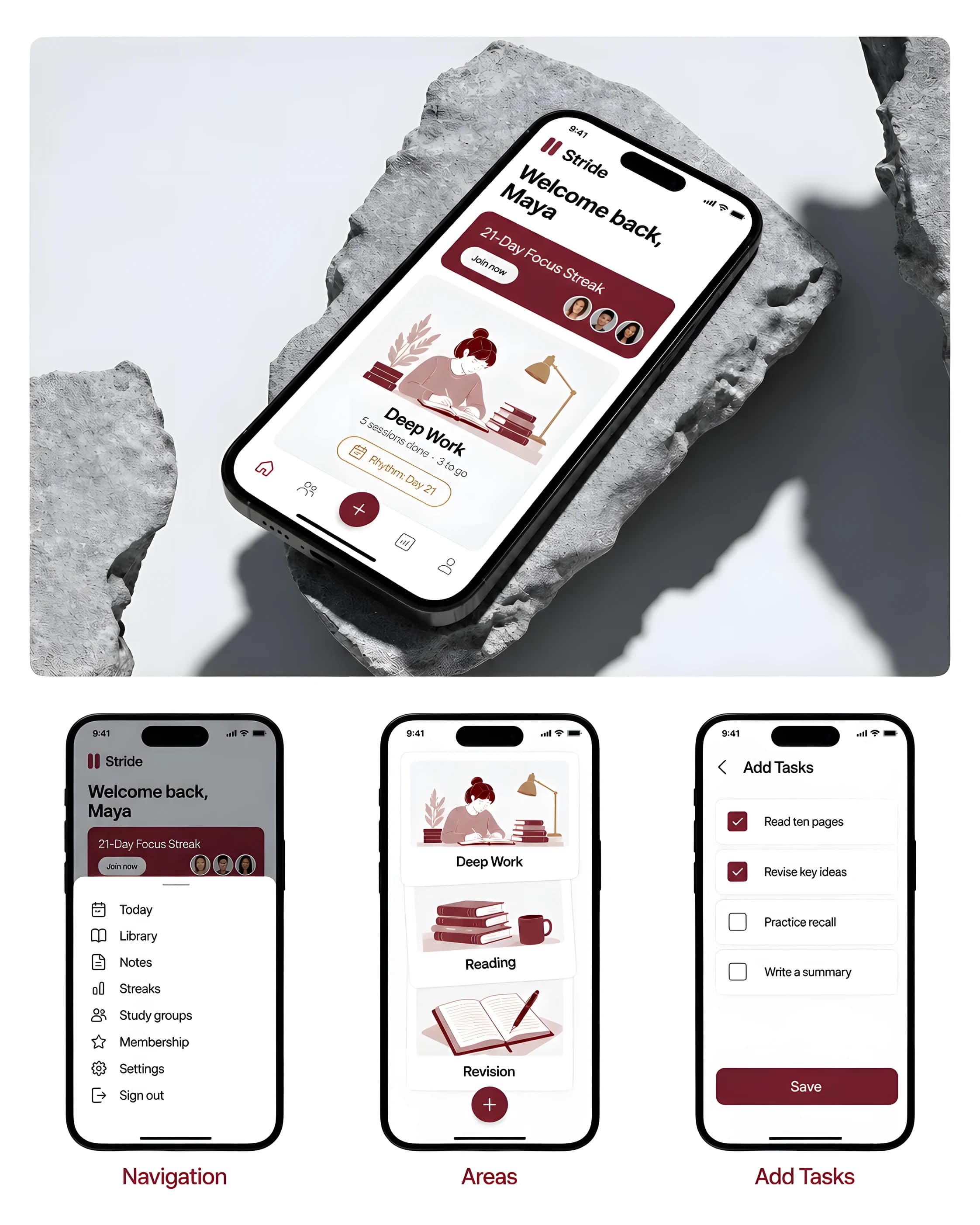 A phone upright between two grey stone blocks, showing the Stride splash screen: a deep oxblood field, a white two-bar mark, the word Stride and the line Make room for mastery.