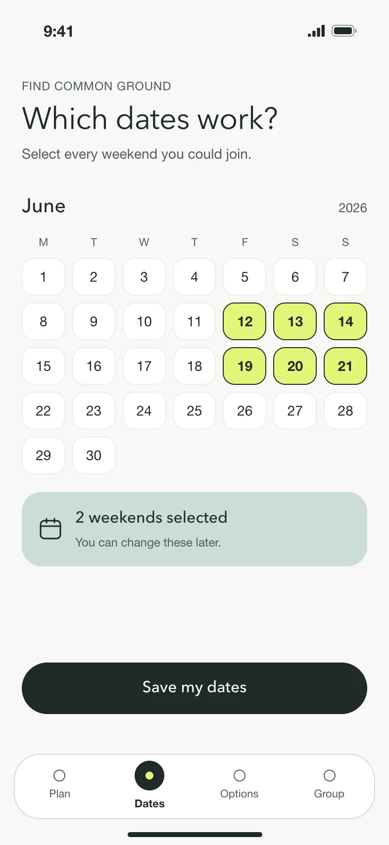 Which dates work? A June calendar with the weekends of the 12th to 14th and 19th to 21st selected in citrus, a note reading 2 weekends selected, and a Save my dates button.