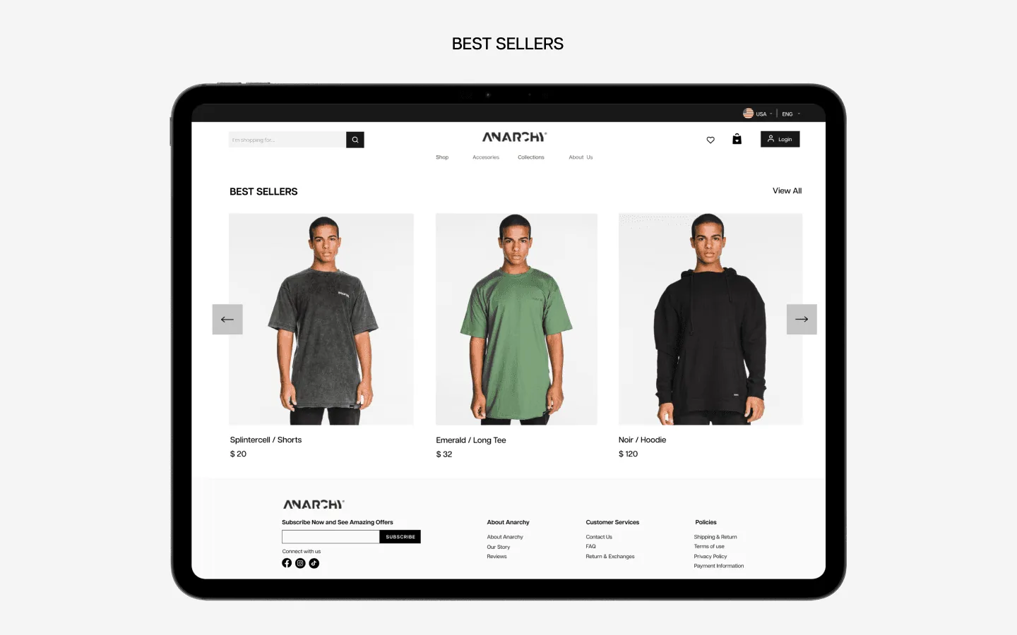 A slide labelled Best Sellers with a tablet showing a product carousel of three t-shirts in grey, green and black, each with a name and a price.