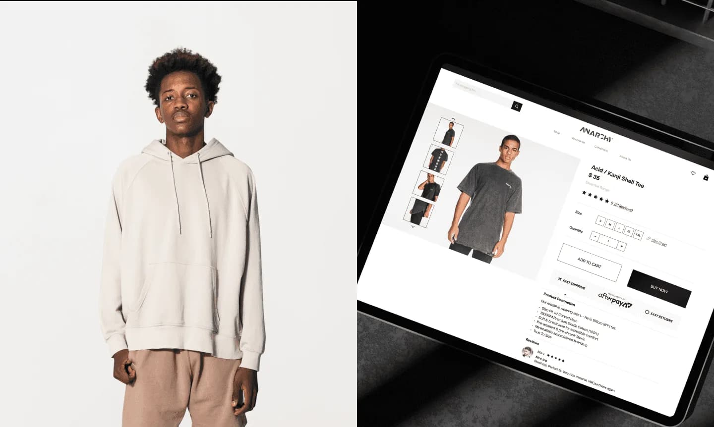 A studio photograph of a model in a cream hoodie, beside a tablet showing an Anarchy product page with the product photograph, the options and an add-to-cart button.