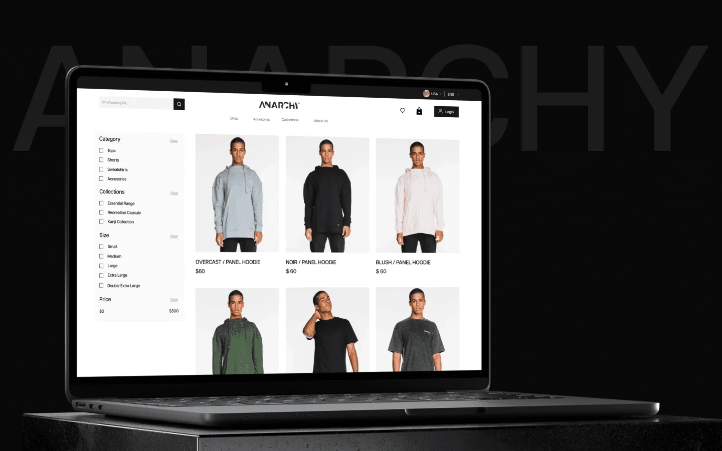 A laptop set over a large faint ANARCHY wordmark, its screen showing a category page: a filter sidebar on the left, and a grid of six garment photographs with prices.