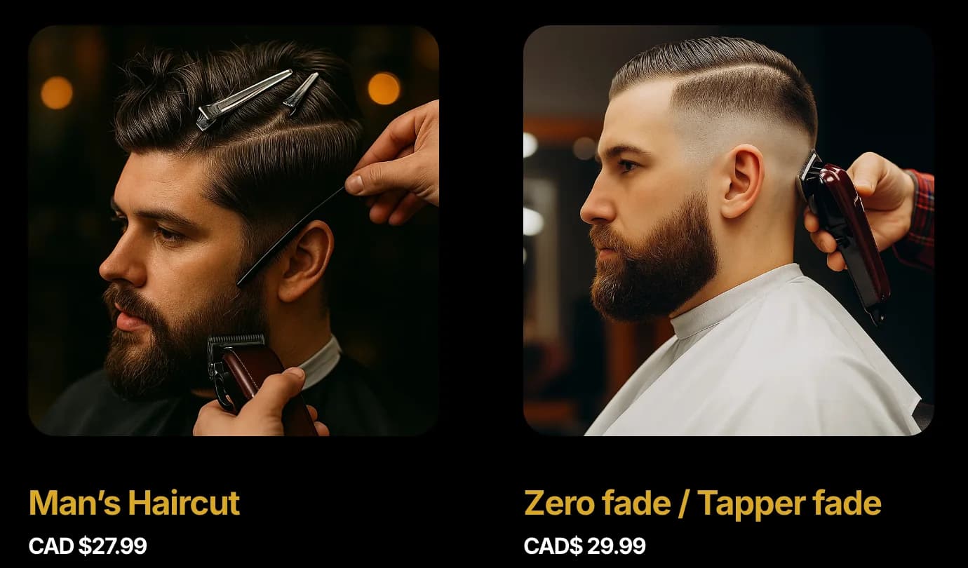 Close crop of the published Services Offered section: a man's haircut at CAD $27.99 and a zero fade or taper fade at CAD$ 29.99, each under a photograph of the cut, in the shop's yellow headings.