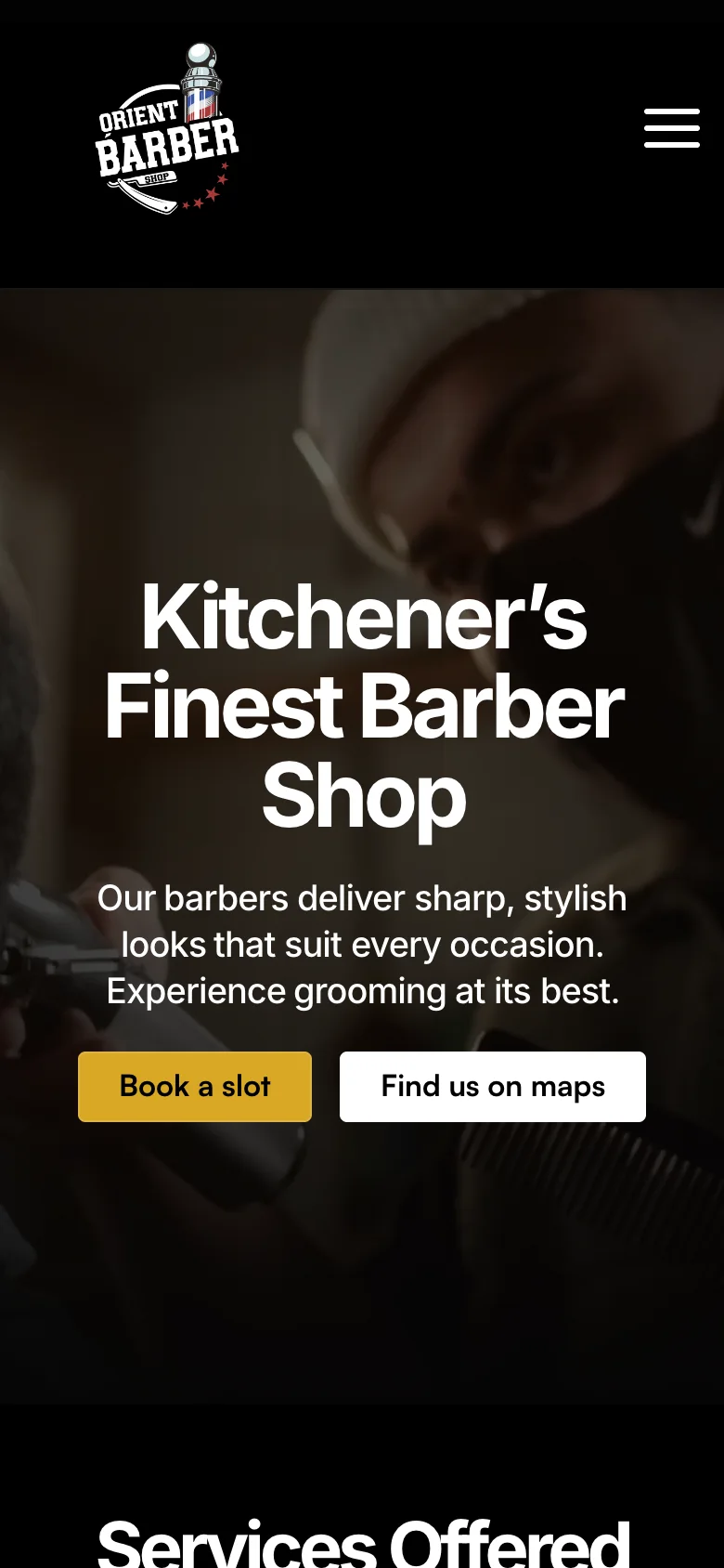 The same page on a phone, its hero video playing behind the text: the badge logo and a menu button, the headline Kitchener's Finest Barber Shop, the line about sharp, stylish looks, and the Book a slot and Find us on maps buttons.