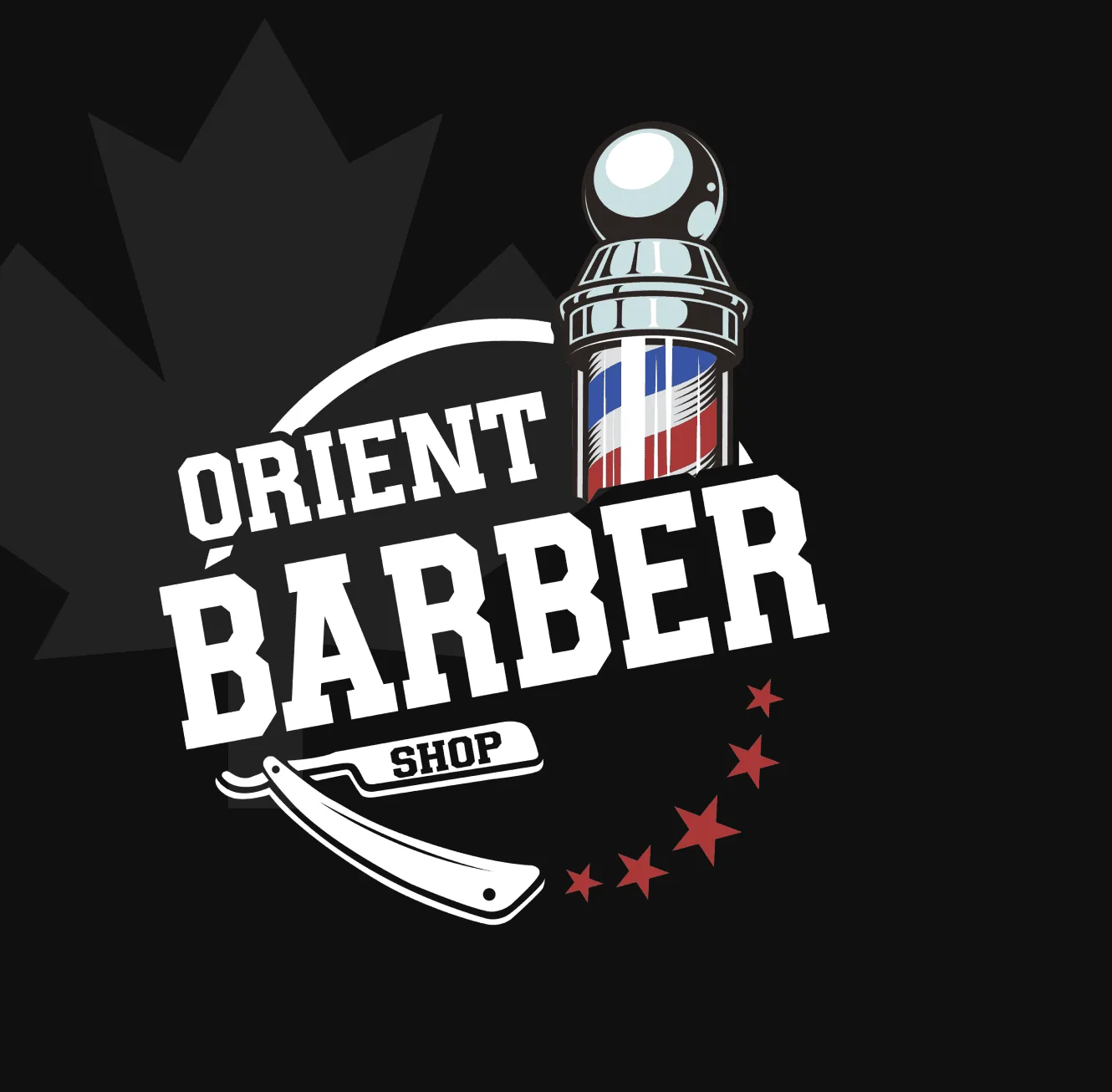The Orient Barber Shop badge on black: arched white lettering around a barber pole, a straight razor and small red stars, over a dark maple-leaf shape.