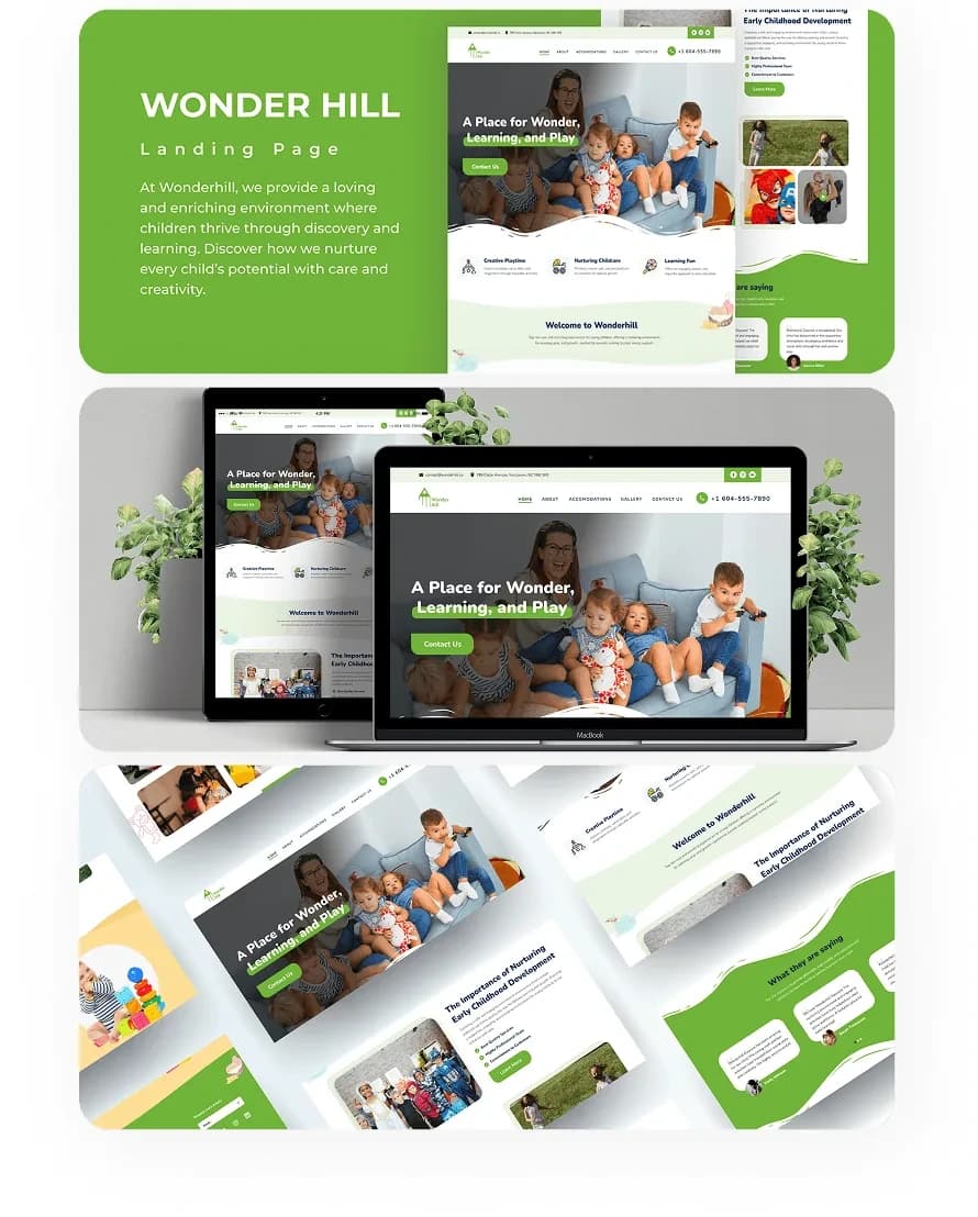 The Wonder Hill landing-page board: a green panel headed WONDER HILL, Landing Page, sits beside a full-page render of the childcare site, above a laptop and tablet mockup and a set of tilted page screens.