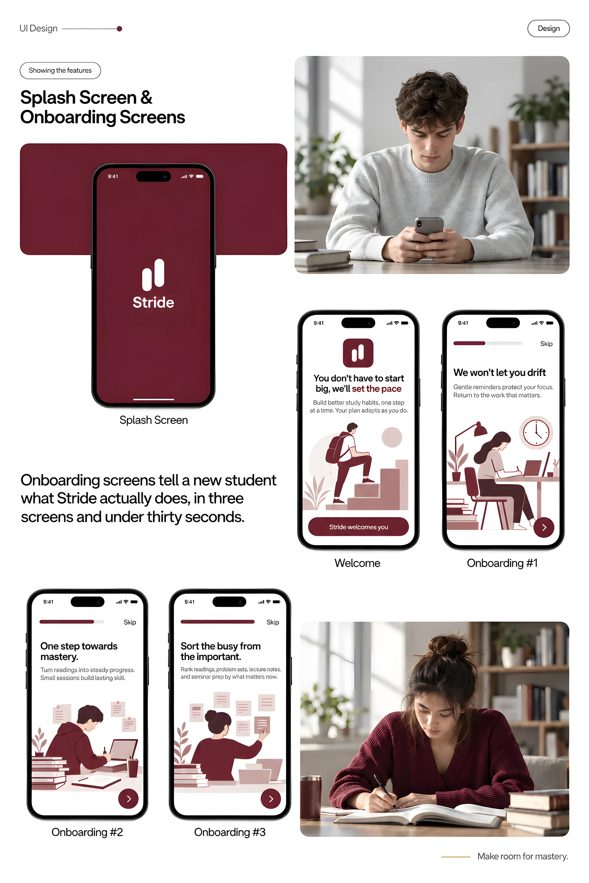Detail: A presentation board headed Splash Screen and Onboarding Screens: the oxblood splash on a large phone, then five phone screens — a welcome screen and three onboarding steps with flat oxblood illustrations of students studying — each with a progress bar and a Skip link.