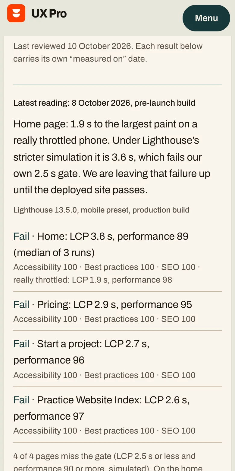 Our own proof page at phone width: the latest reading of 8 October 2026, with the home page failing the 2.5-second simulated gate.