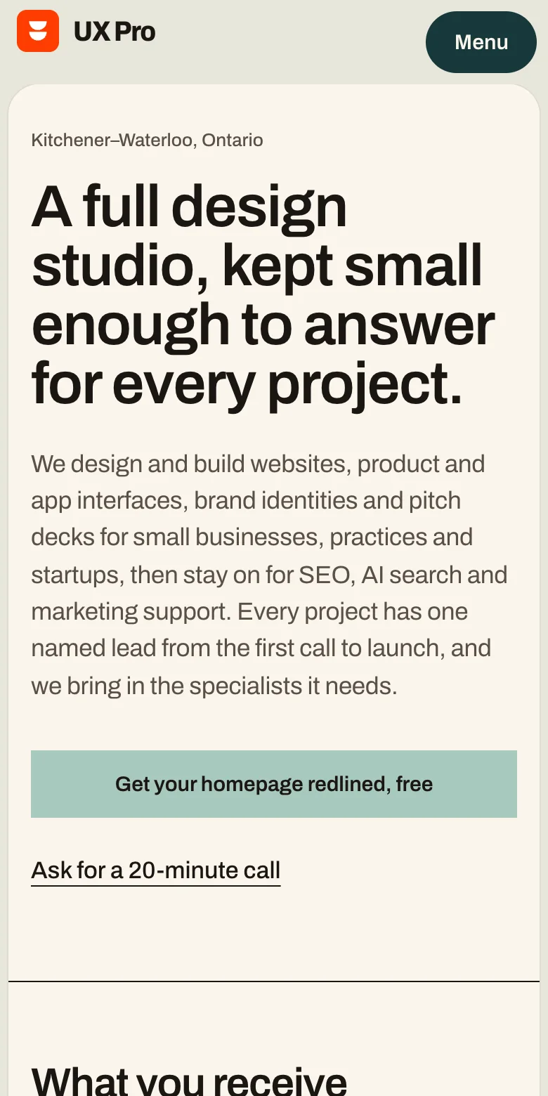 This studio page on its pre-launch address at phone width: the headline, the opening paragraph and the call to request a Redline.