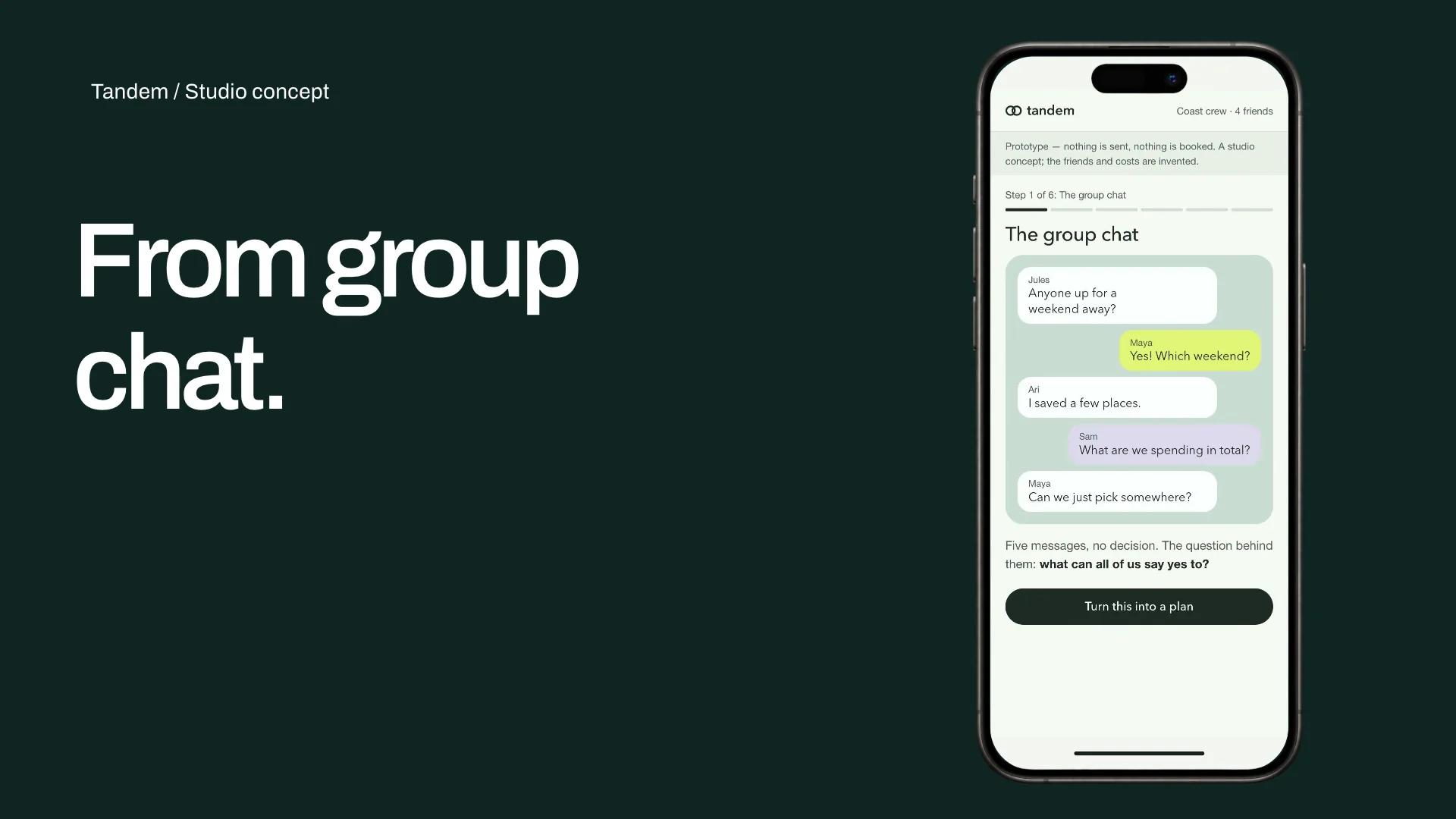 Tandem’s group-trip planning conversation inside a graphite phone, beside “From group chat.”