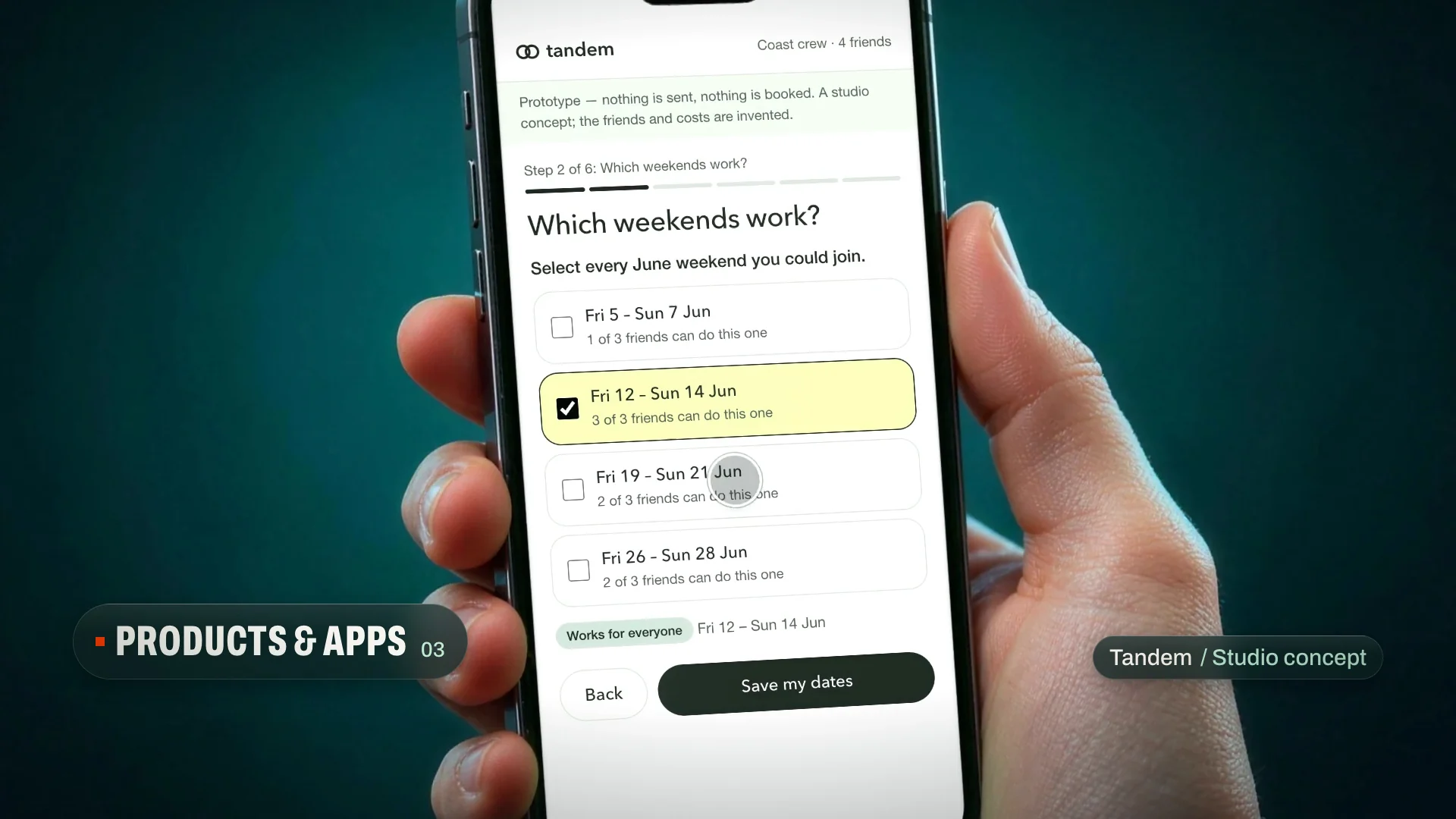 A hand holds a graphite phone showing Tandem’s “Which weekends work?” screen, beside the Products & apps chapter label.