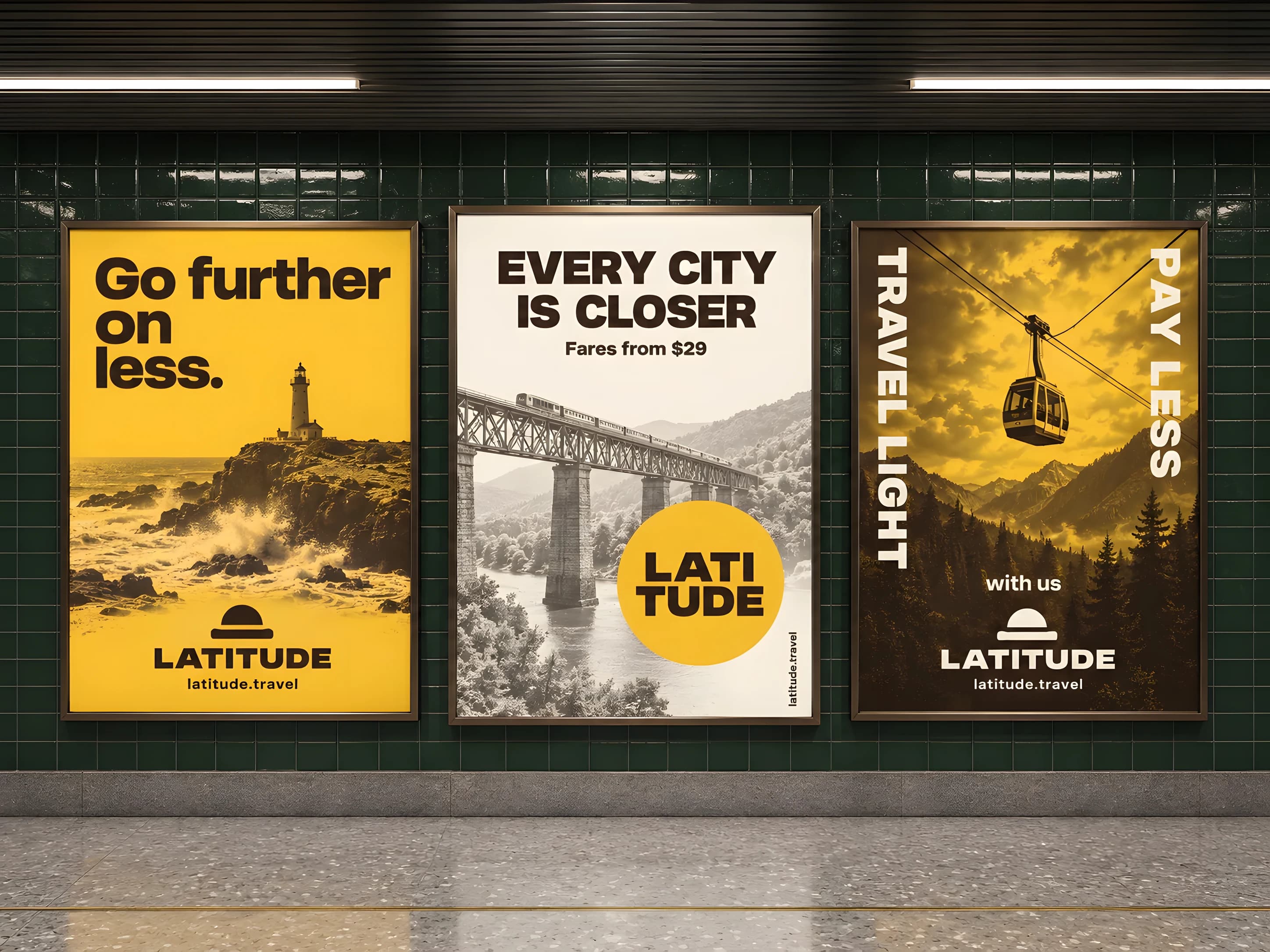 Three framed posters on a dark green tiled transit wall: a yellow one reading Go further on less over a lighthouse, a porcelain one reading EVERY CITY IS CLOSER, and a cocoa one reading TRAVEL LIGHT PAY LESS around a cable car.