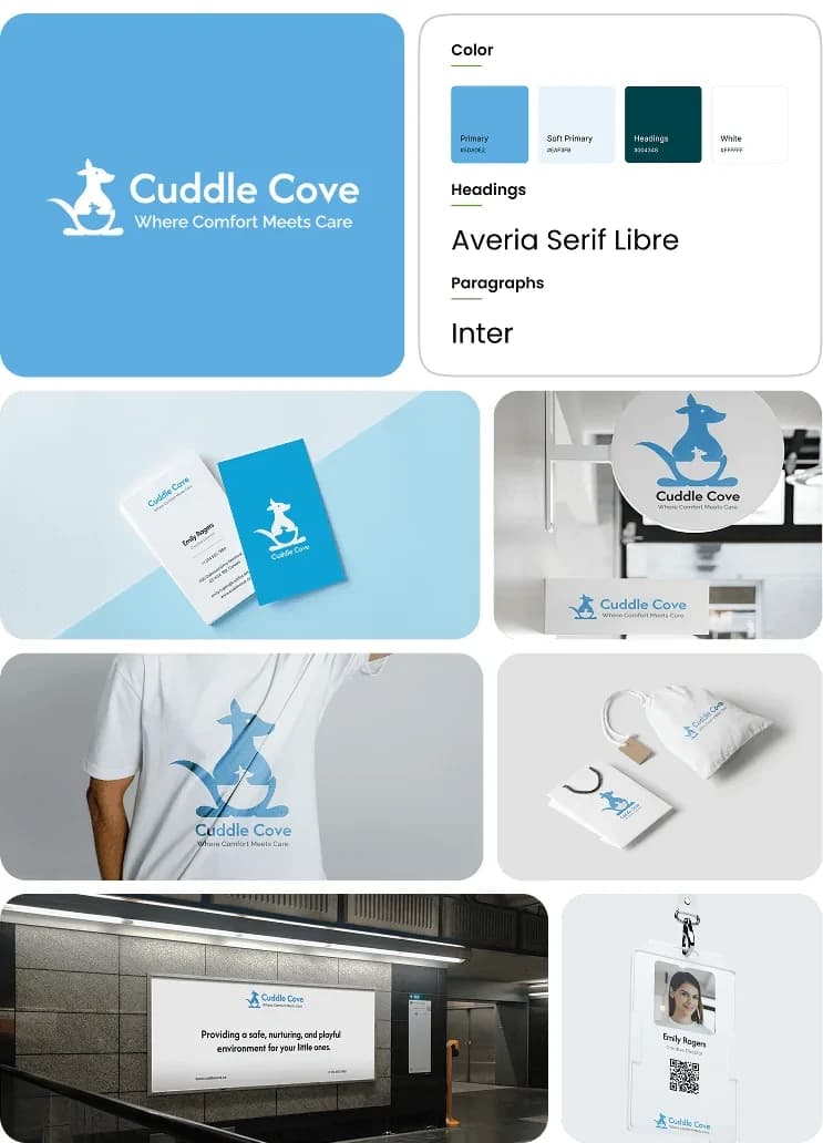 The Cuddle Cove brand board: the logo in light blue with a whale and wave mark and the line where comfort meets care, colour chips, a type specimen pairing Averia Serif Libre with Inter, and mockups on a t-shirt, a mug, a tote, signage and print.