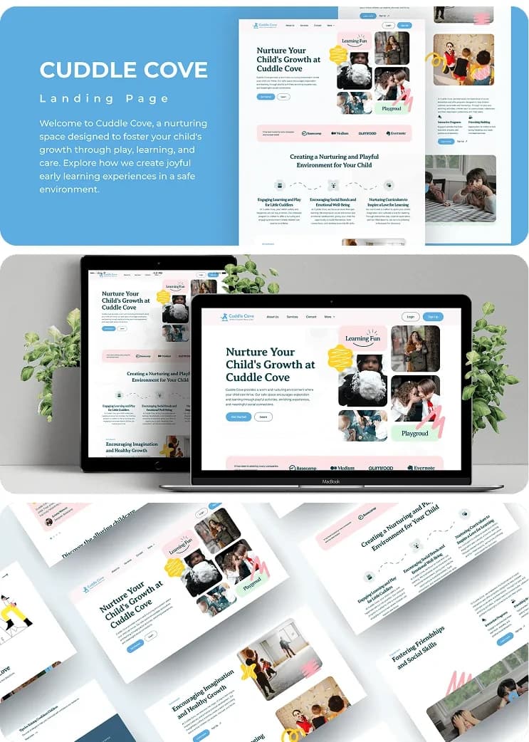 The Cuddle Cove landing page board: a full-page render of the pink-accented childcare site beside a laptop and tablet mockup and a set of tilted page screens.