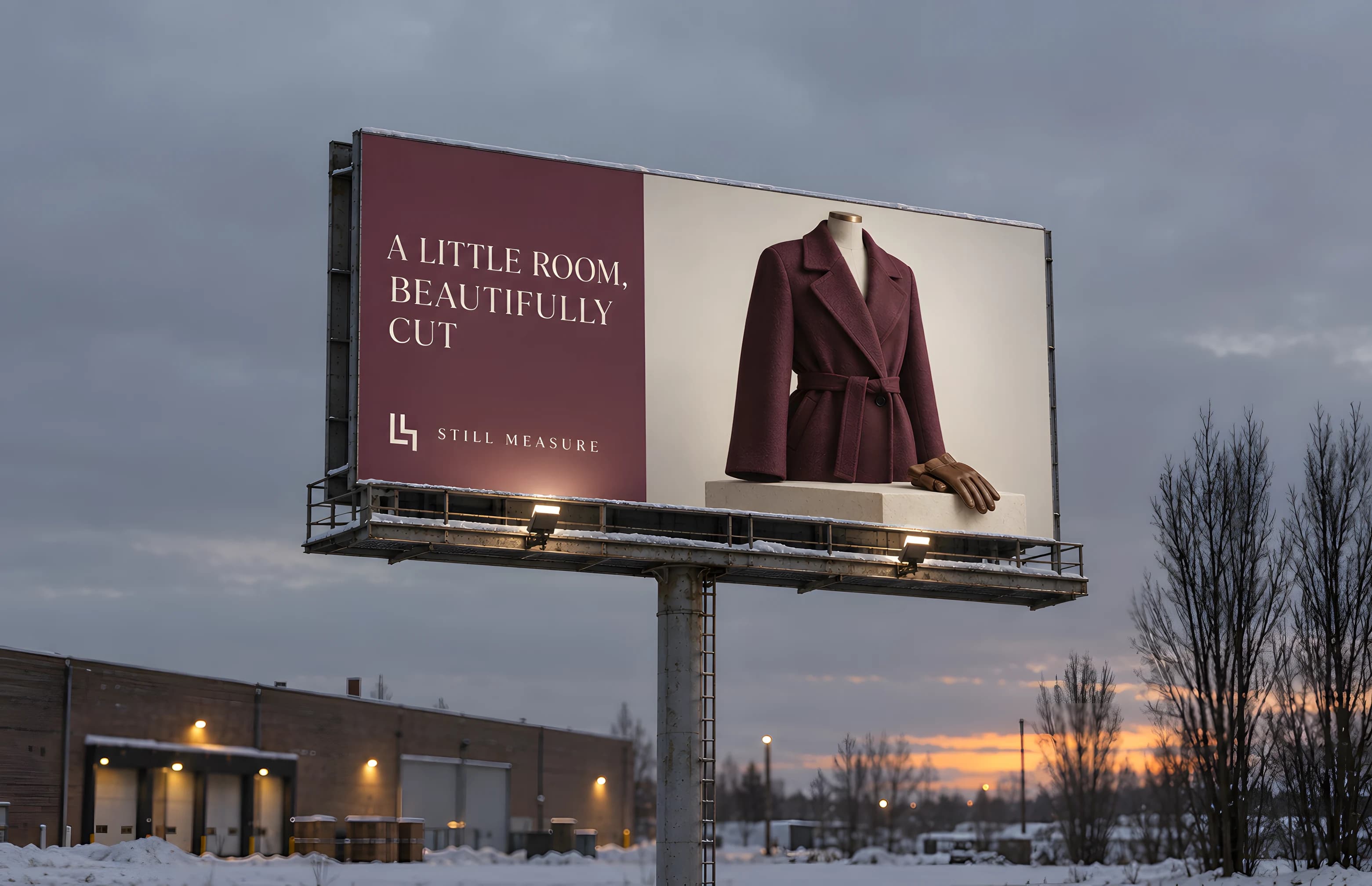 A roadside billboard at winter dusk over snow-dusted ground, a brick warehouse and bare poplars behind it. Its mulberry left third reads A LITTLE ROOM, BEAUTIFULLY CUT in oyster capitals above the mark and wordmark; the right two thirds show a mulberry wool coat on a tailor's stand form, cropped at the shoulder, with a leather glove on the plinth.