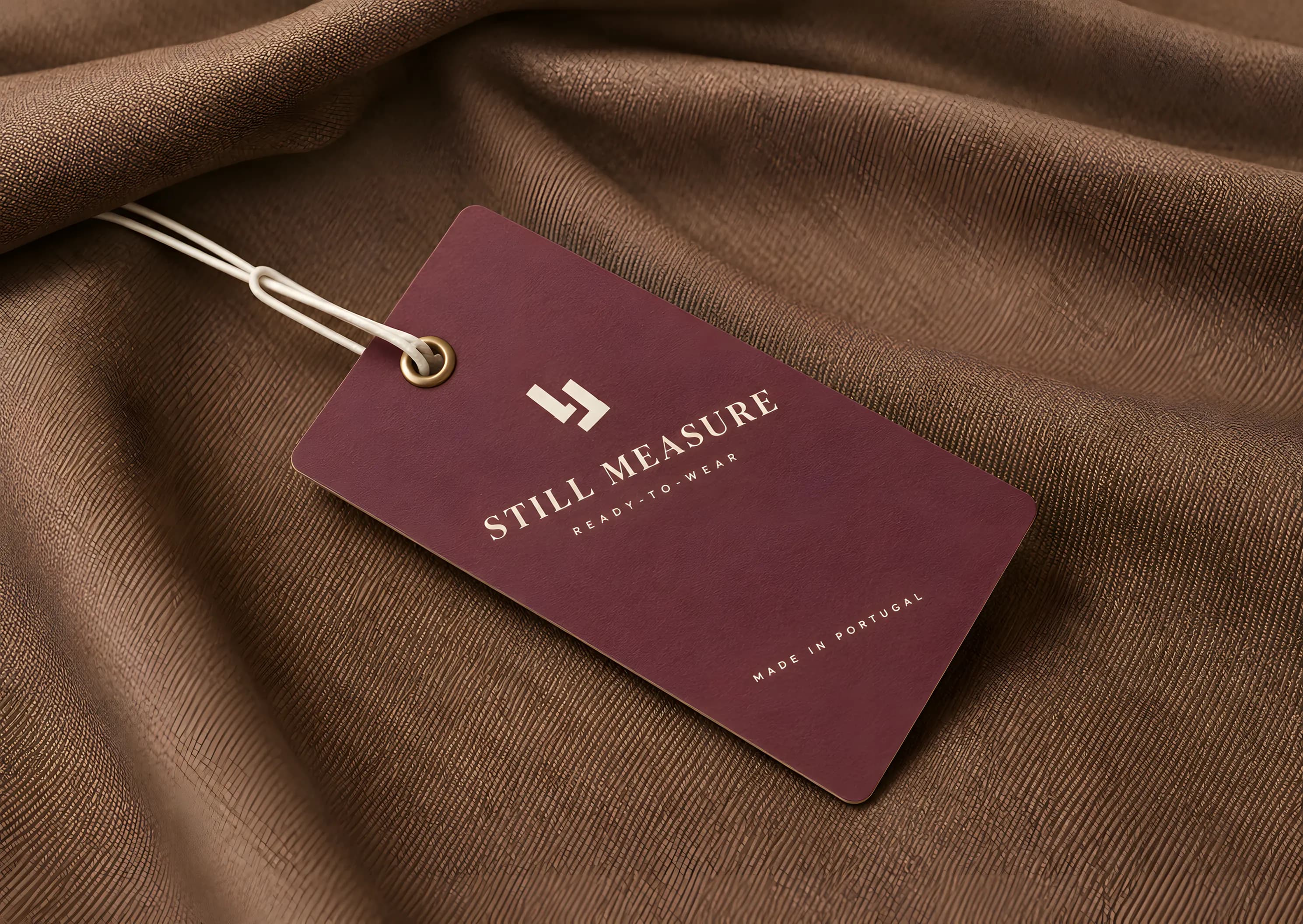 A photographic mockup: a rigid mulberry-wine hang tag with a brass eyelet and an oyster cord, lying diagonally across folded tobacco-brown wool suiting. It carries the two-L mark, STILL MEASURE, the line READY-TO-WEAR and, at its foot, MADE IN PORTUGAL, all in oyster white.