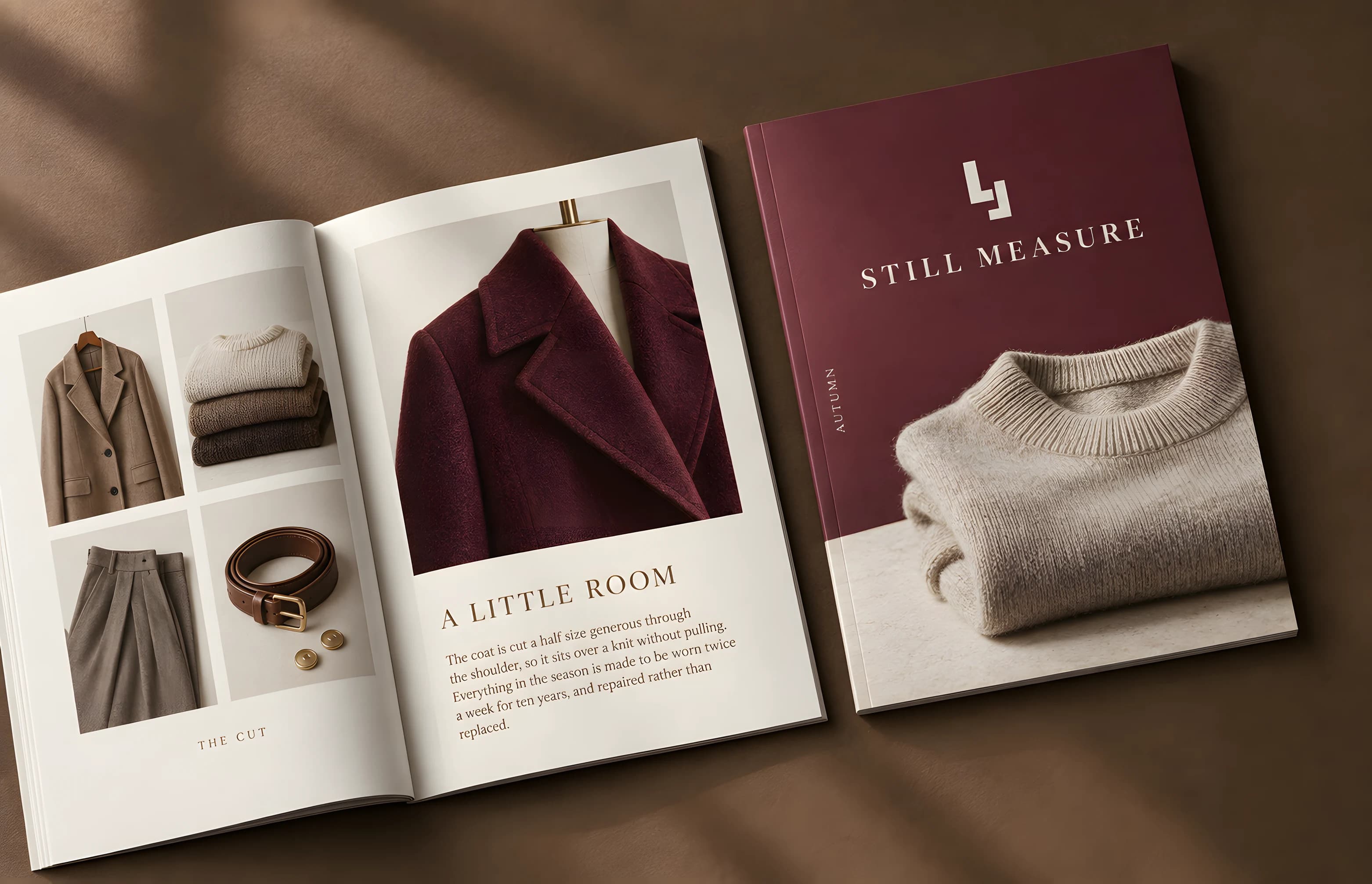 Two lookbooks photographed from above on a tobacco-brown surface with a soft blind shadow across them. The closed cover is a mulberry field with the mark and wordmark above a photograph of a folded oatmeal knit, with AUTUMN set vertically at its edge. The open spread carries a four-up grid of garment still lifes captioned THE CUT, and a large photograph of a mulberry coat on a stand form cropped at the shoulder, headed A LITTLE ROOM.