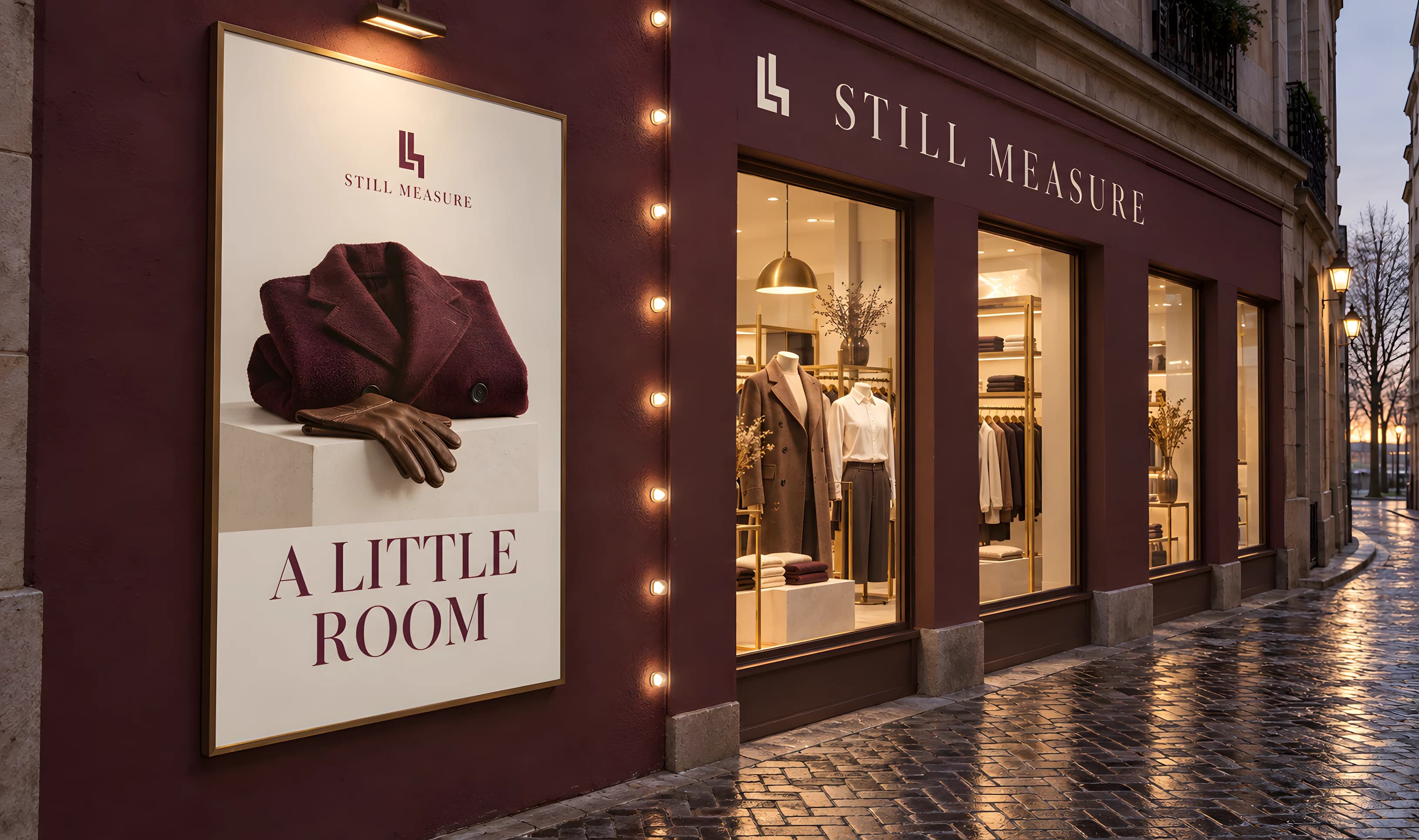 A mulberry-wine shopfront photographed at blue hour on a wet granite-sett lane, STILL MEASURE set across the fascia in oyster capitals beside the two-L mark. A framed window poster on the near wall shows a folded mulberry coat and tobacco gloves on a plinth under the line A LITTLE ROOM; warm light spills from the glazing, where headless dress forms and brass rails are visible.
