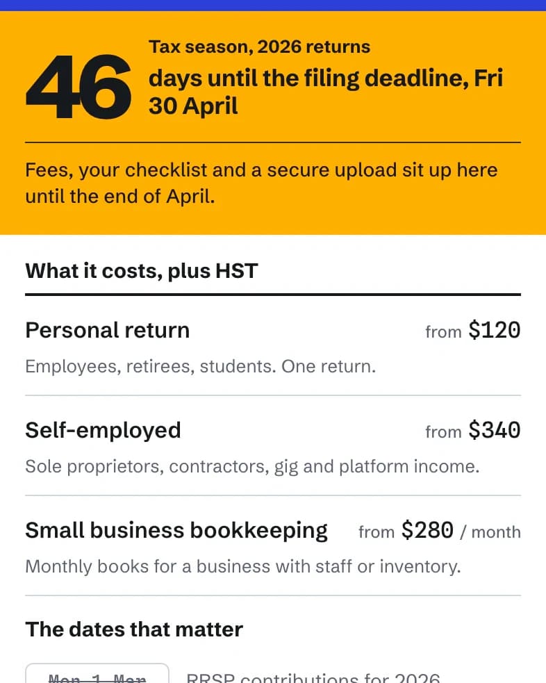 Carrow Tax in tax season: 46 days until the filing deadline, Friday 30 April; fees from $120 for a personal return, $340 self-employed and $280 a month for bookkeeping; then the dates that matter, from RRSP contributions to filing day.