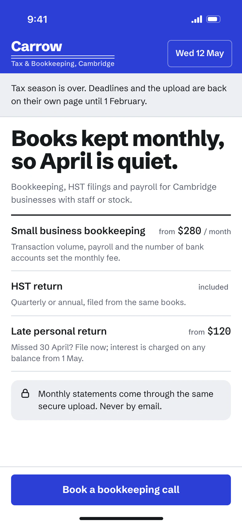 The home page on 12 May, after the season: no amber band, a grey note that tax season is over, the heading Books kept monthly, so April is quiet, and a ledger led by small business bookkeeping.