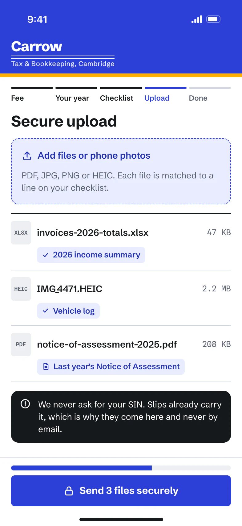 Secure upload: a dashed drop zone, three files listed with the checklist line each one was matched to, and a note that Carrow never asks for a SIN.