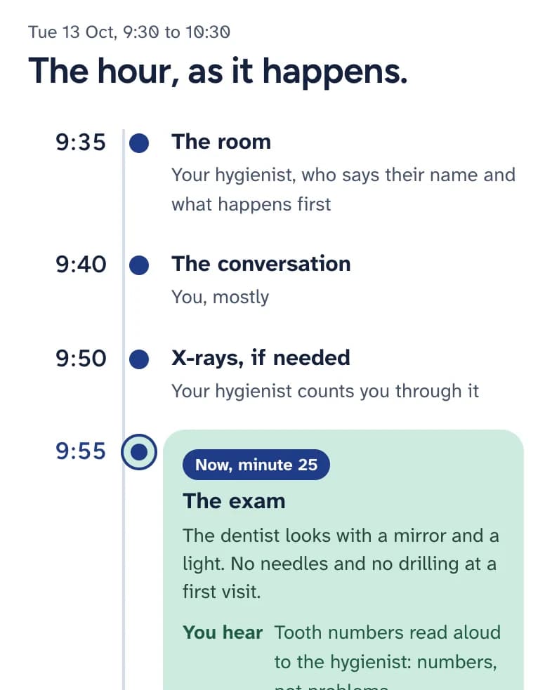 Ellery Quiet Dental's visit timeline for Tuesday 13 October, 9:30 to 10:30: 9:35 the room, 9:40 the conversation, 9:50 X-rays if needed, and 9:55 marked Now, minute 25: The exam, with what the patient hears and who speaks.