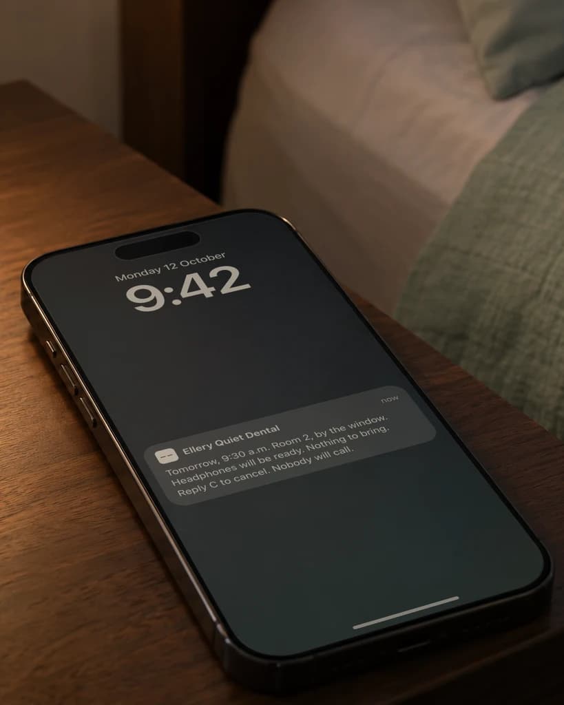 Studio concept, Ellery Quiet Dental: a phone on a bedside table showing one text the evening before: tomorrow, 9:30 a.m., Room 2, nothing to bring.