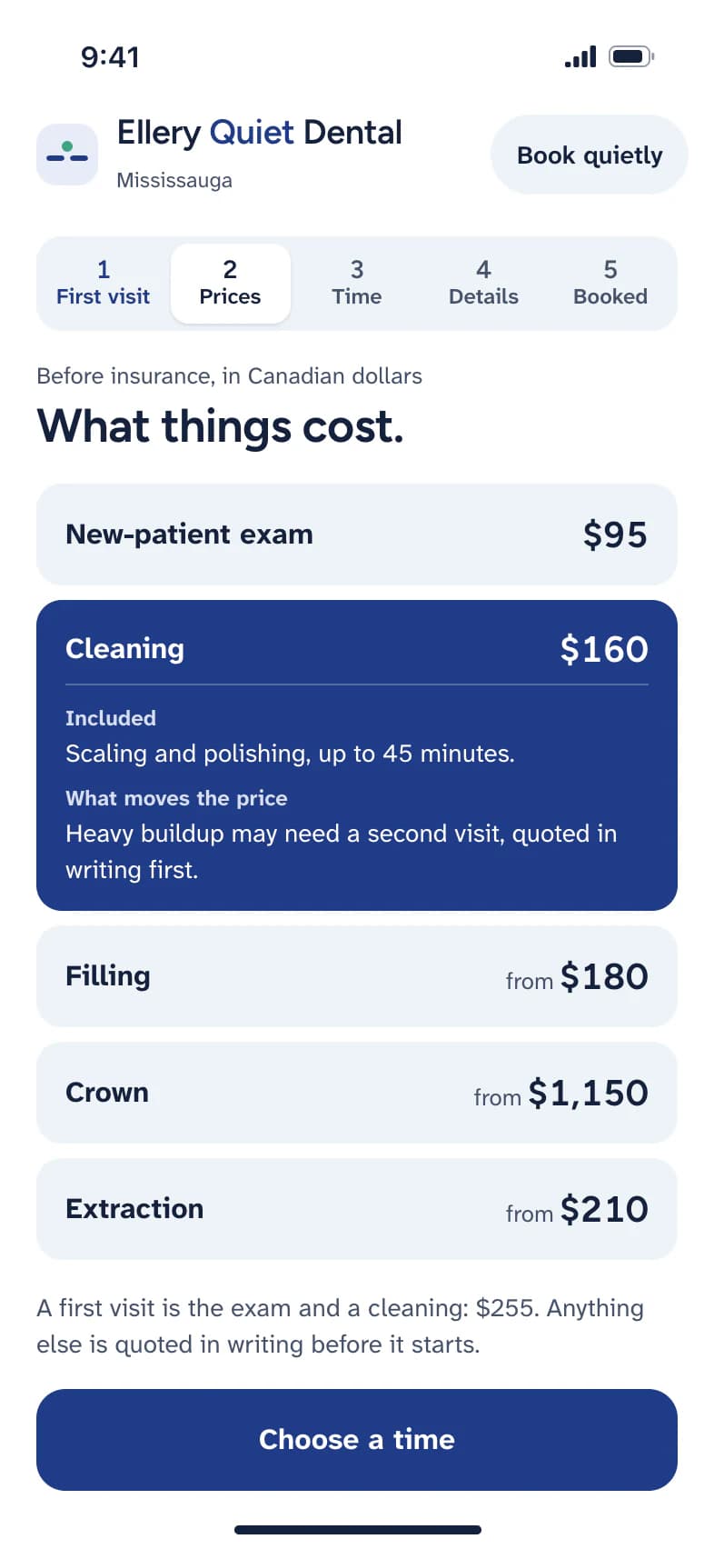 Step 2, Prices: procedure cards with their prices, one opened to show what is included, what moves the price and the time in the chair.