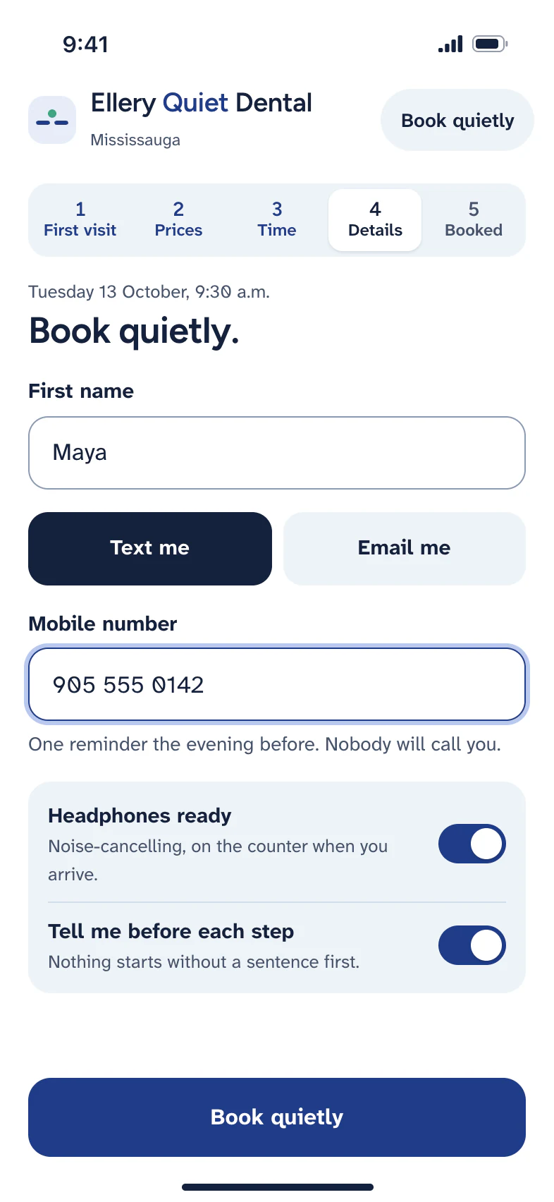 Step 4, Details: a first name and one way to reach you, and a list of what this form never asks for.