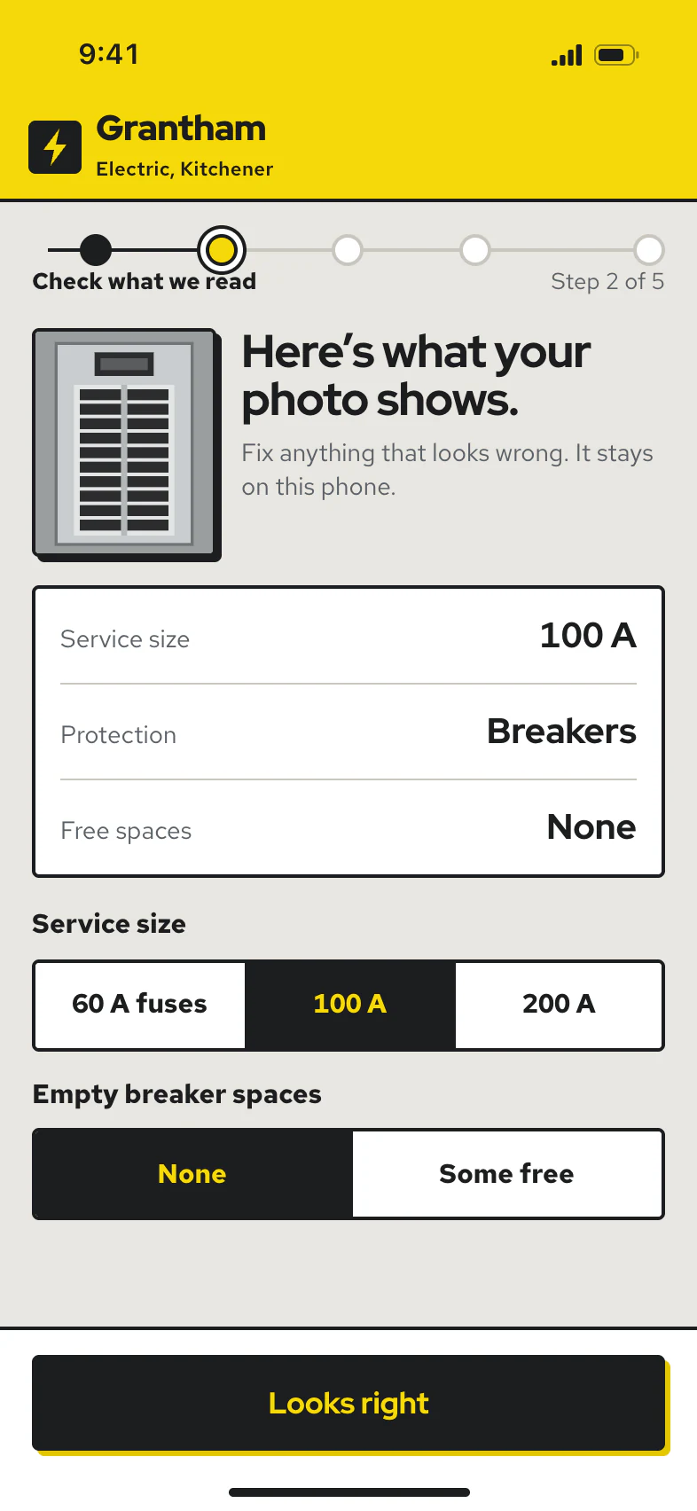 Check what we read: the panel thumbnail, service size 100 A, breakers, no free spaces, with controls to correct each one.