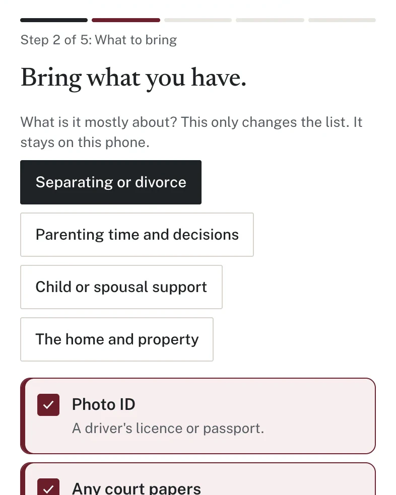 Marrow & Vance booking, step 2 of 5, What to bring: Bring what you have. Topic chips with Separating or divorce selected, then a checklist with Photo ID and Any court papers ticked.