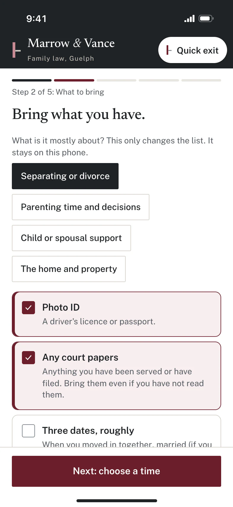 Step 2 of 5, Bring what you have. Topic chips with Separating or divorce selected, a checklist with Photo ID and Any court papers ticked, and a green note: None of it is needed to book.