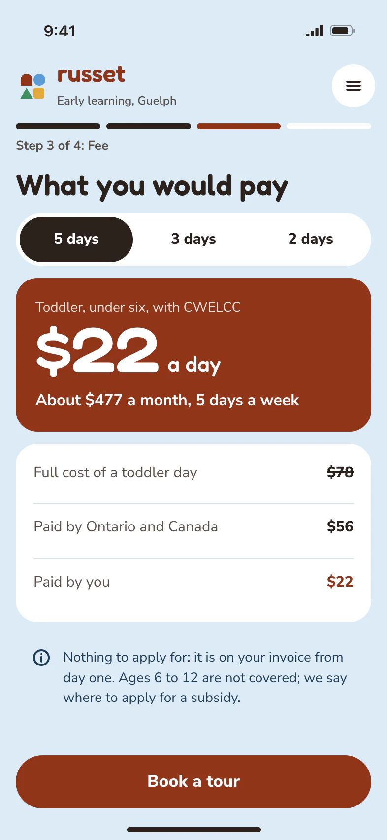 Step 3, the fee: the full cost of a day, the part paid by Ontario and Canada, and the part paid by you, $22 a day.