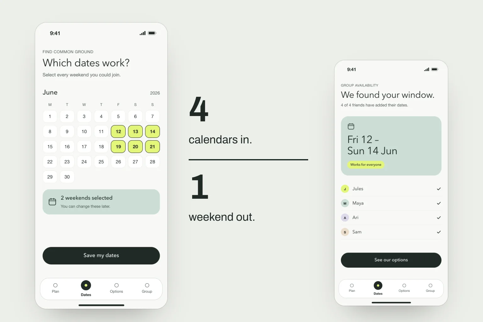 Tandem trip-planning concept showing shared dates and group availability on two phone screens