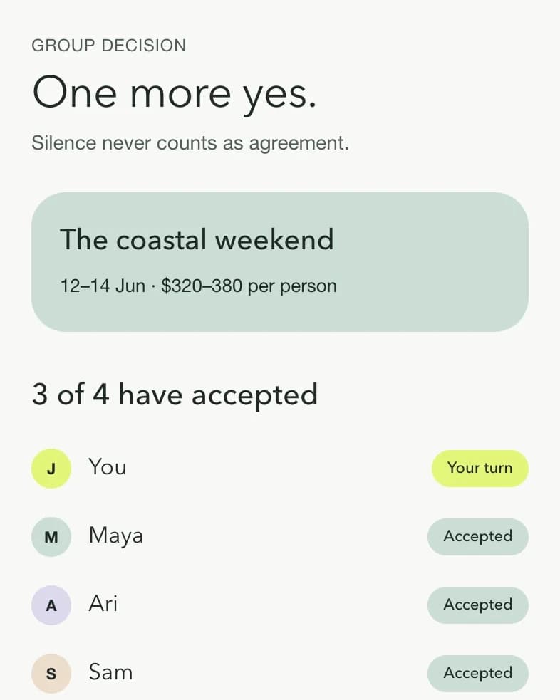 Tandem, group decision: One more yes. The coastal weekend, 12 to 14 June, $320 to 380 per person; 3 of 4 have accepted, with Maya, Ari and Sam accepted and You marked Your turn.