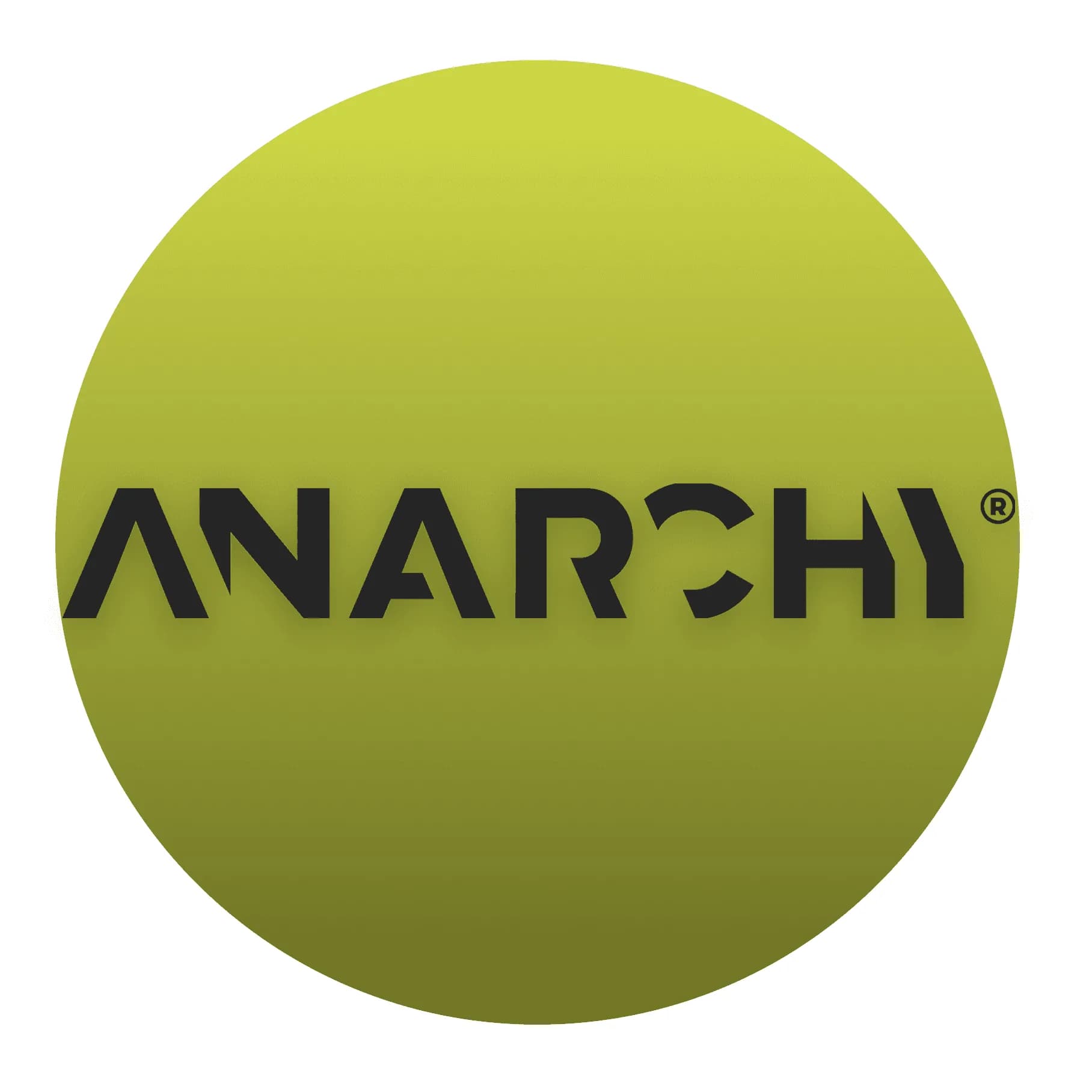 A large olive-yellow circle on a slate-grey square, with the black ANARCHY wordmark and a registered mark across it.