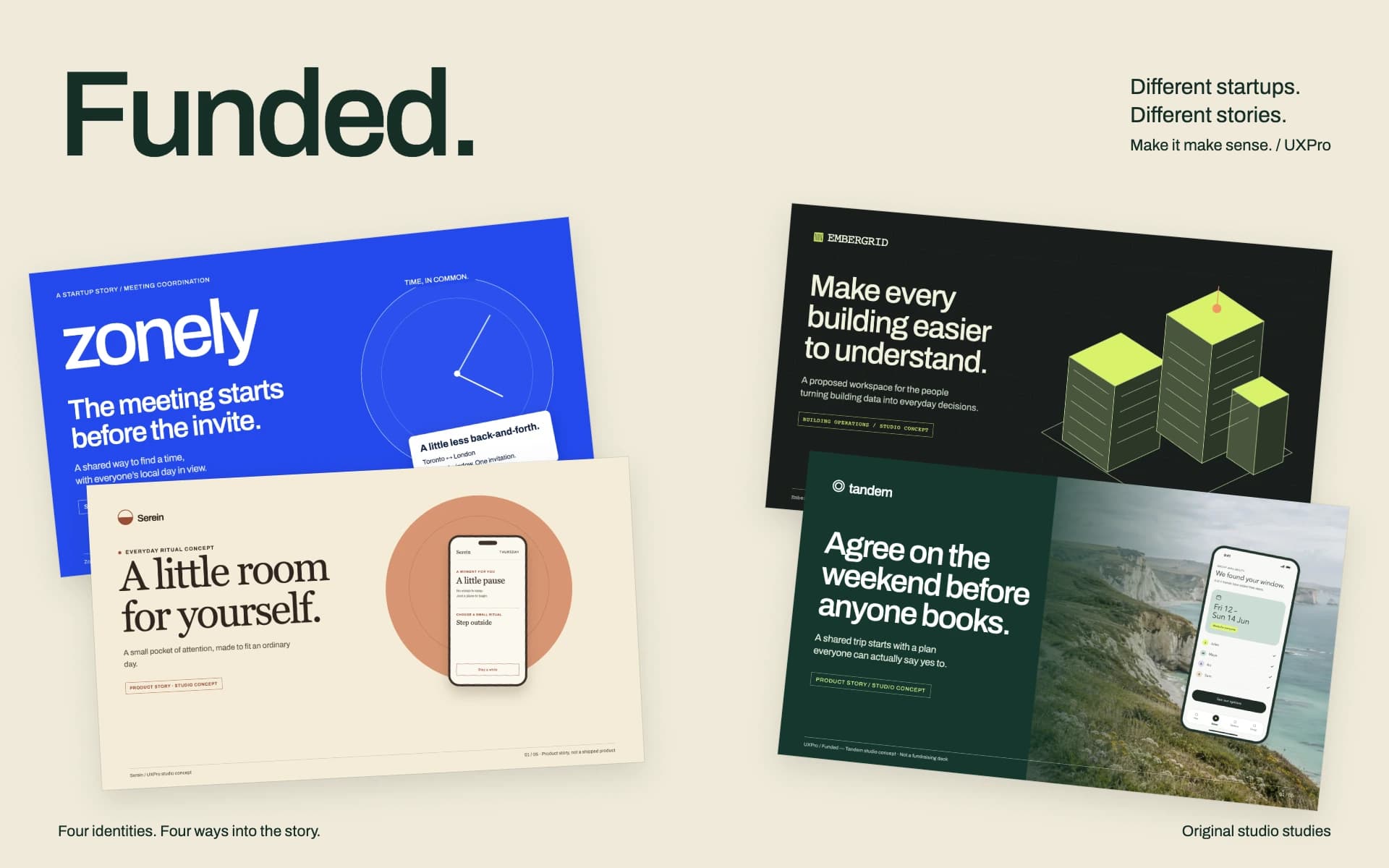 Four distinct startup deck identities: Zonely in blue, Embergrid in chartreuse, Serein in warm cream, and Tandem in forest green