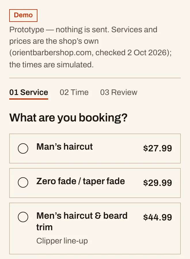 The first step of Orient Barber Shop's online booking at phone width: a list of services with prices and a choose button on each.