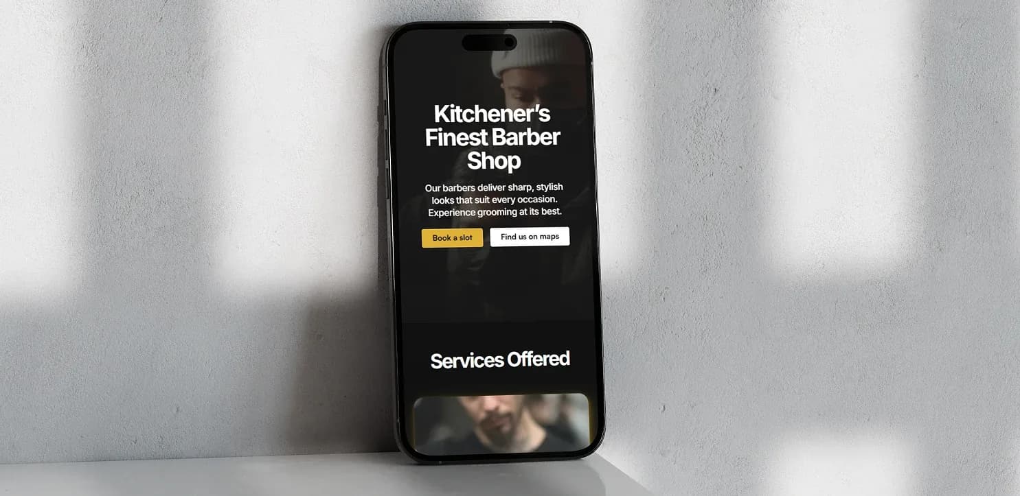 Studio mockup of Orient Barber Shop’s mobile website, with Book a slot and Find us on maps actions.