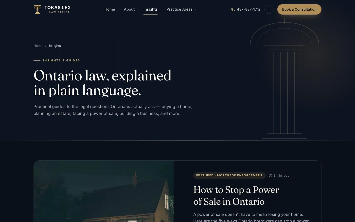 The guides index, headed Insights and Guides, with the line Ontario law, explained in plain language, and a featured guide card tagged mortgage enforcement and eight minutes, titled How to Stop a Power of Sale in Ontario.