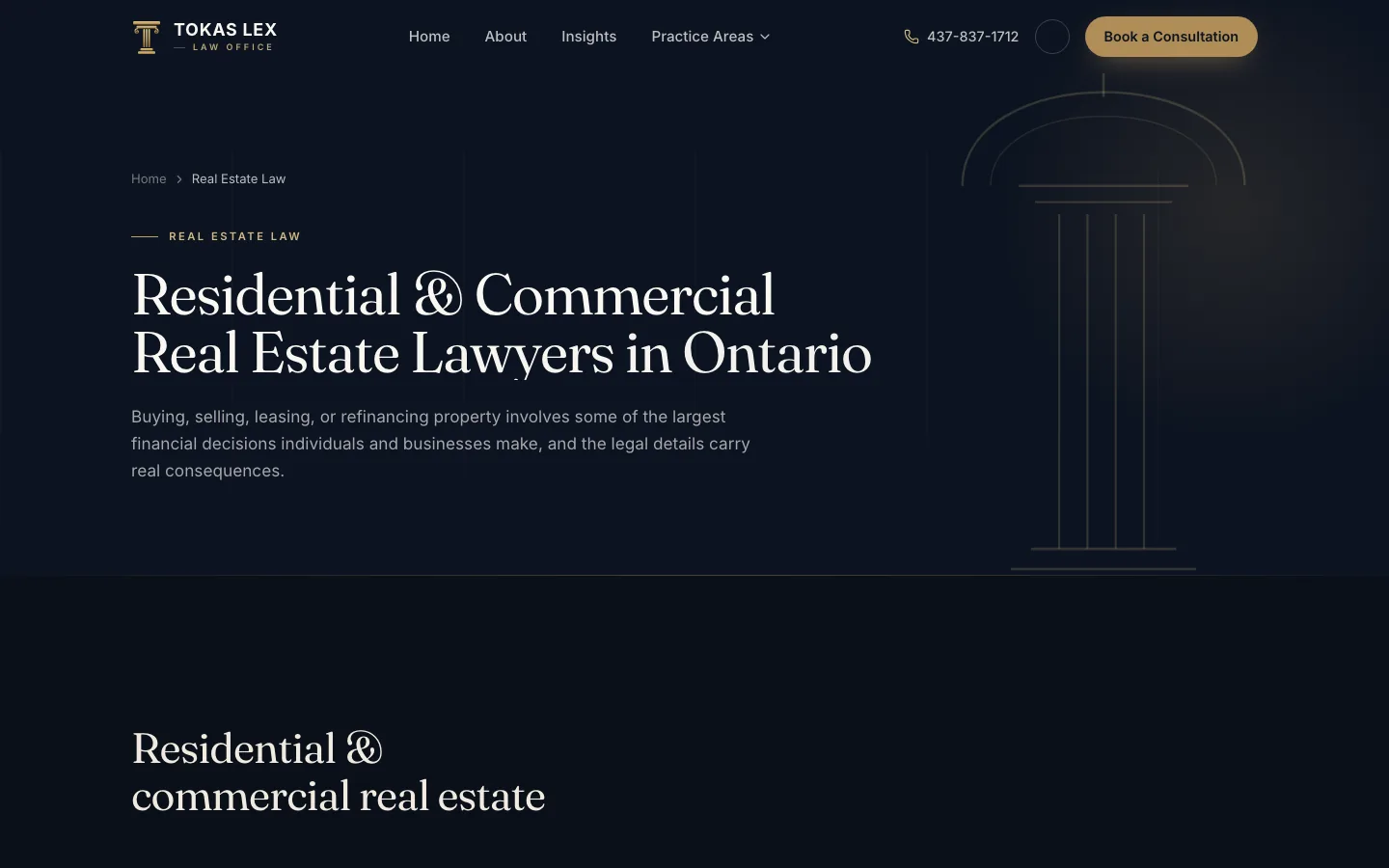 The published Tokas Lex real estate practice page, with a clear service heading and consultation action.