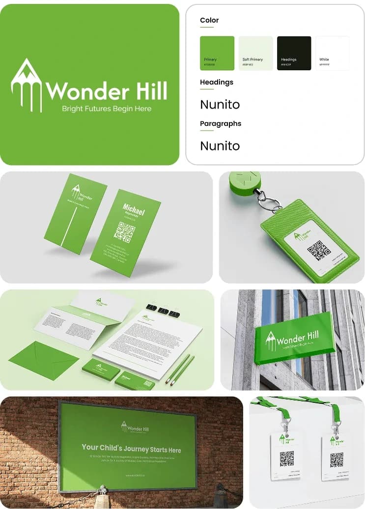 The Wonder Hill brand board: the logo, green, black and white colour chips, Nunito set as both the heading and paragraph face, and mockups of business cards, a lanyard, a folder, signage and stationery.