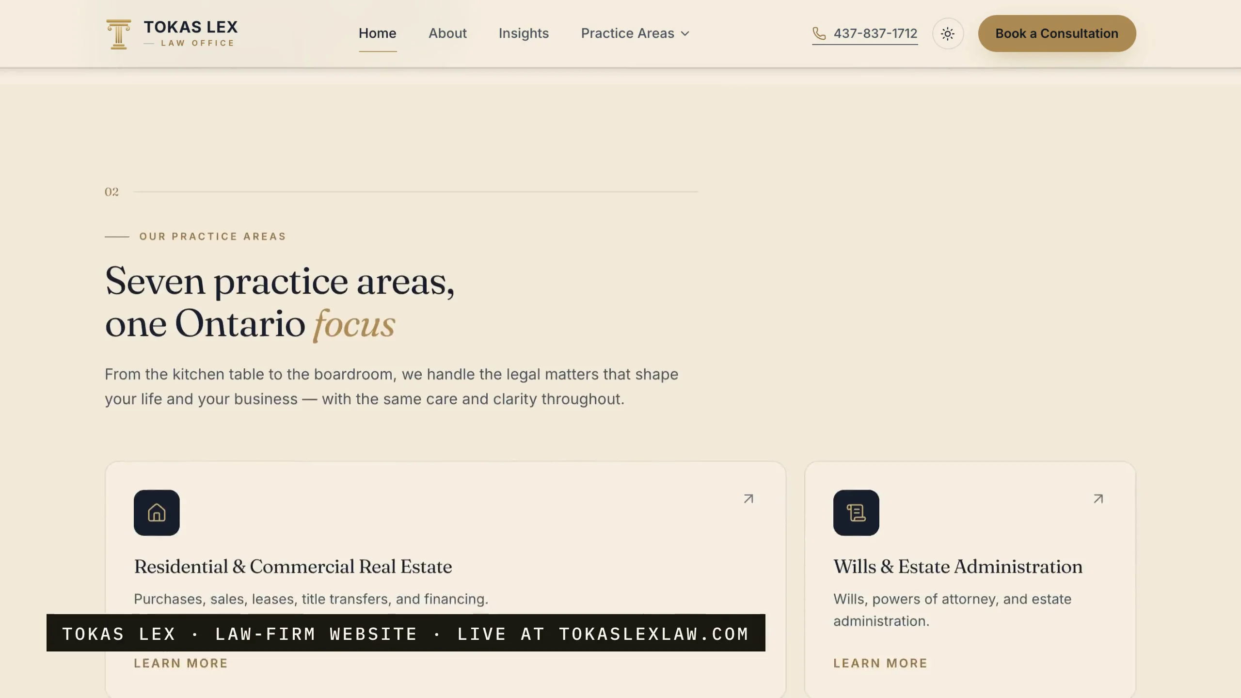 A frame of the film of the live Tokas Lex site: the practice-areas section on a cream ground, headed Seven practice areas, one Ontario focus, above cards for residential and commercial real estate and wills and estate administration.